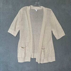 Chicos Metallic Linen Blend Open Front Cardigan Sweater Cream Beige Size 1 M